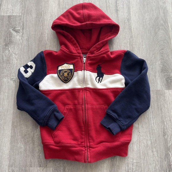 Polo Ralph Lauren Other - Polo Ralph Lauren Hoodie Boys 5 Red Navy Full Zip Fleece Big Pony Crest Patch 3